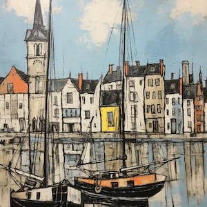 Könnte beinhalten: Ein Gemälde, das eine Hafenszene mit zwei Segelbooten zeigt, die vor einer Reihe von Gebäuden liegen. Die Gebäude sind in Weiß-, Grau- und Gelbtönen gestrichen. Der Himmel ist hellblau mit weißen Wolken. Das Wasser ist dunkelblau mit Reflexionen der Gebäude und Boote.