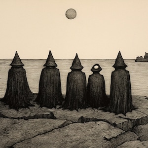 May include: A black and white pen and ink drawing of five figures in hooded cloaks standing on a rocky cliff overlooking a body of water. A single, round object is in the sky above the figures. A building with a spire is visible in the distance.