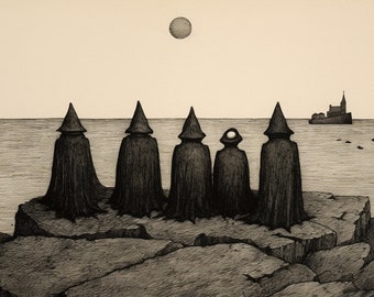 Elegant Robed Figures By The Sea Original Artwork: An Homage to Edward Gorey's Unique Stylistic Approach