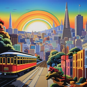 Hiroshi Nagai Inspired San Francisco Streetcar Canvas Print: Modern Custom Wall Art with Vibrant Colors for Home Decor