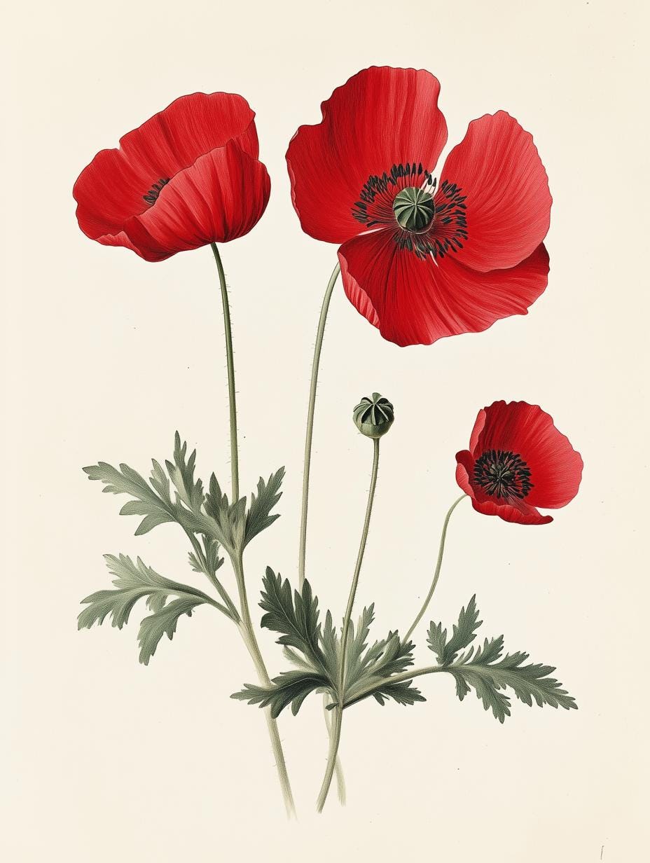 Red Poppy Floral Wall Art Canvas Print Inspired by Historical Botanical ...