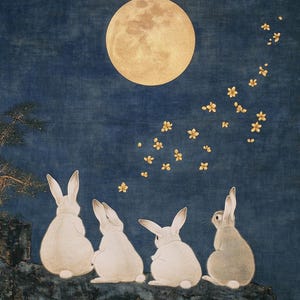 Charming Song Dynasty Gongbi Style Canvas Print of Small Rabbits Under ...