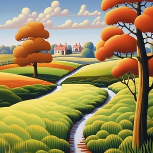 Puede incluir: Una pintura de un paisaje rural con un arroyo sinuoso, dos casas y árboles con hojas naranjas. El cielo es azul con nubes blancas.