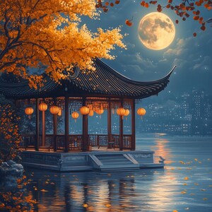 May include: An illustration of a traditional Asian pavilion on a lake at night. The scene is illuminated by a full moon and orange lanterns. Autumn leaves and a cityscape are visible in the background, creating a serene and picturesque setting.