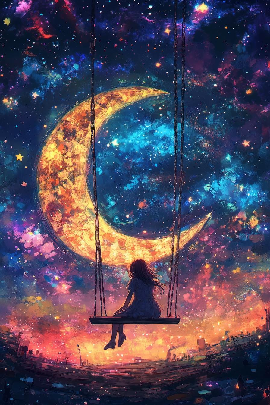 Impresión en lienzo de columpio a la luz de la luna inspirada en