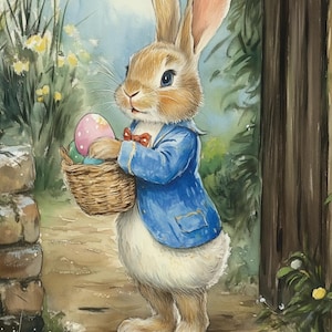 May include: A watercolor painting of a brown and white rabbit wearing a blue jacket and a red bow tie. The rabbit is holding a basket of colorful Easter eggs.