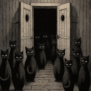 Edward Gorey Inspired Quirky and Ominous Cat Artwork for Cat-Lovers - Custom Canvas and Digital Prints