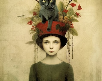 Sophisticated Catrin Welz-Stein Inspired Artwork - Young Woman in Red Hat with Black Cat & Floral Adornments