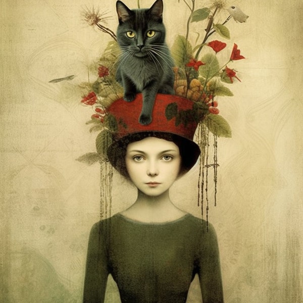 Sophisticated Catrin Welz-Stein Inspired Artwork - Young Woman in Red Hat with Black Cat & Floral Adornments