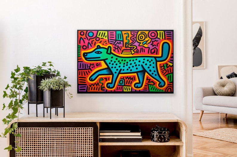 Keith Haring Inspired Teal Pup: A Brightly Modern Mosaic Canvas Art for Contemporary Home Decor | Custom Canvas | Wall Art Original | Unique image 2