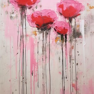 May include: Abstract painting of pink flowers with black stems and pink and black paint splatters on a white background.