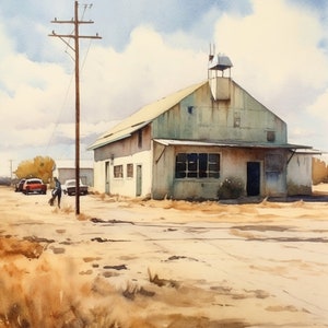 May include: A watercolor painting of a weathered, white building with a green roof. The building has a tall, narrow window on the left side and a large, rectangular window on the right side. There is a small, wooden door on the right side of the building. The building is set against a backdrop of a blue sky with white clouds.