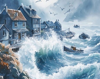 Canvas Print of Serene Coastal Waves in Watercolor Style Inspired