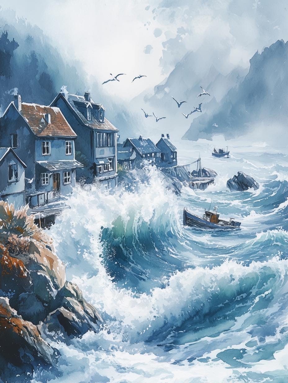 Canvas Print of Serene Coastal Waves in Watercolor Style Inspired