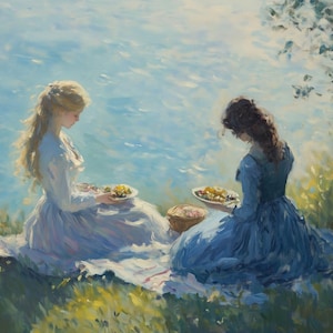 Custom Canvas Print of Two Ladies by the Water in Impressionist Style Inspired by Claude Monet for Home Decor