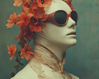 Op de afbeelding: Een wit gipsen buste met een kroon van oranje bloemen en rode zonnebrillen. De buste draagt een wit shirt met een kanten kraag.