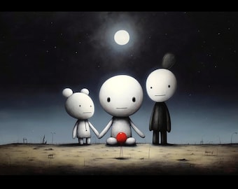 Doug Hyde inspiriert 3 kleine Kreaturen & roter Ballon tanzen im Mondlicht | Ein Original Kunstwerk | Digital | Drucken | Wandbild herunterladen