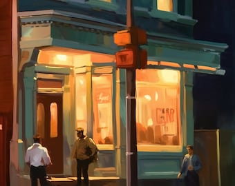Street Corner Lights and Shadows - Original Edward Hopper Style Artwork Painting | Classic Canvas | Original Art | Digital Artwork