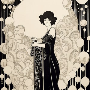 Vintage Black and White Full Length Portrait of a Woman in the Style of Aubrey Beardsley | Digital Wall Art | Download Print | Custom Canvas