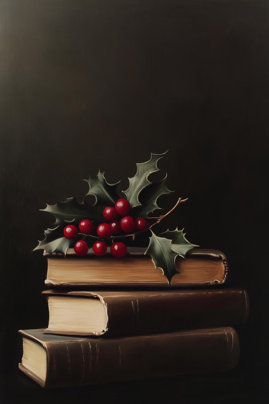 Holiday Book Stack Canvas Print Inspired by Still Life Masterpieces in Rich Earthy Tones for Festive Home Decor