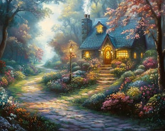 Thomas Kinkade inspirierte Leinwand Druck: Zauberhafte Cottage-Landschaft