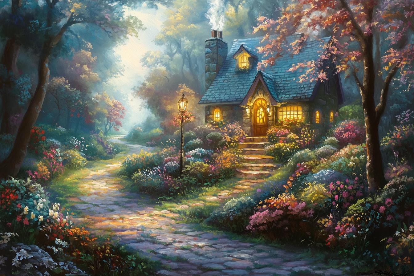 Thomas Kinkade Inspired Canvas Print: Enchanting Cottage Landscape Wall Art, image size:1344x896