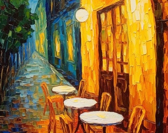 Café Terrace at Night - A Vincent Van Gogh Inspired Masterpiece | Download Art | Canvas Print | Impressionism | Street in Spain Painting