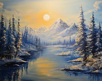 Bob Ross inspirierte Berge Leinwanddruck: Serene Schneelandschaft Home Decor