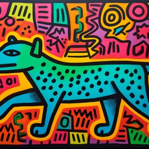 Keith Haring Inspired Teal Pup: A Brightly Modern Mosaic Canvas Art for Contemporary Home Decor | Custom Canvas | Wall Art Original | Unique image 1