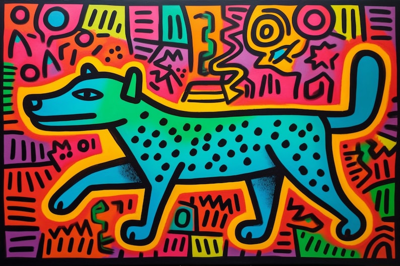 Keith Haring Inspired Teal Pup: A Brightly Modern Mosaic Canvas Art for Contemporary Home Decor | Custom Canvas | Wall Art Original | Unique image 1