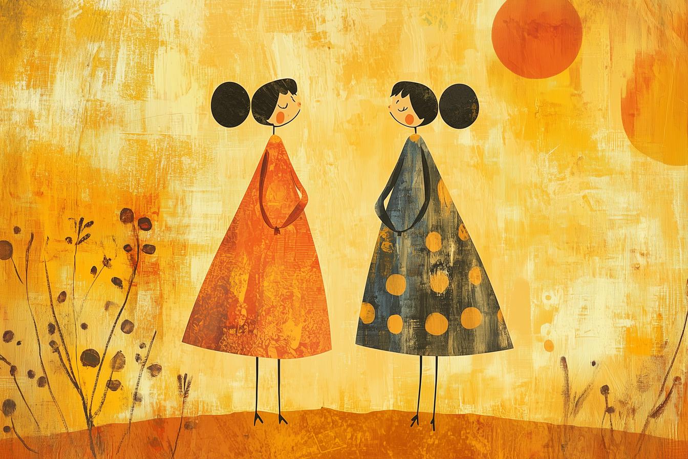 Whimsical Female Figures Canvas Print in the Style of Folk Art with Warm Yellow Tones and Charming Polka Dots