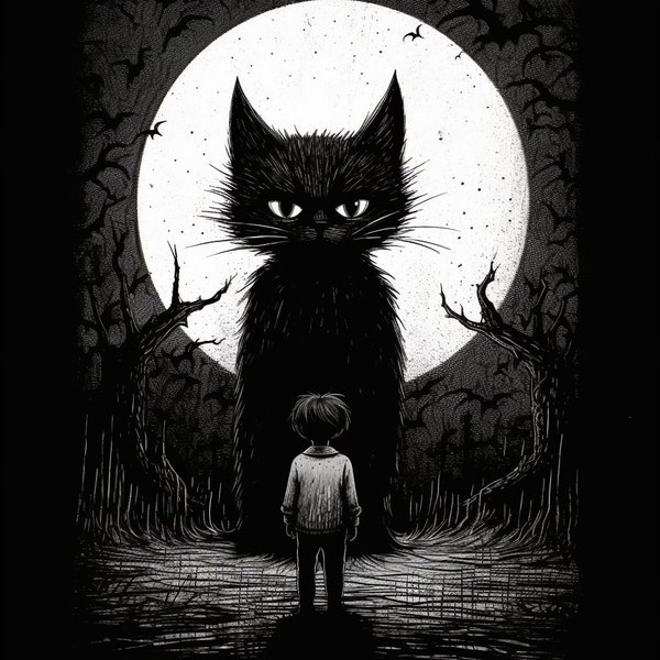 Edward Gorey Styling: Engaging Black Cat and Full Moon Canvas Wall Art Featuring Young Boy for Home Decor