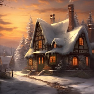 Charming Winter Cottage Canvas Print in the Style of Thomas Kinkade - Cozy Home Decor Wall Art with Warm Colors