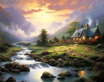 Exquisite Thomas Kinkade Inspired Custom Canvas Cottage Scene Artwork | Custom Art | Painting Masterpiece | Light & Cozy | Digital Download