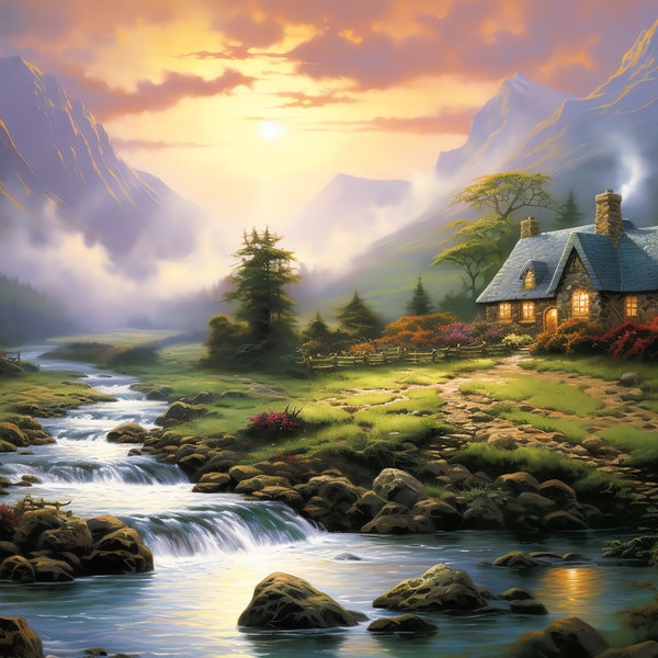 Exquisite Thomas Kinkade Inspired Custom Canvas Cottage Scene Artwork | Custom Art | Painting Masterpiece | Light & Cozy | Digital Download