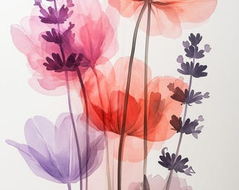 Leinwand mit Blumen Aquarell Rot, Pink, Lila Blumenmuster