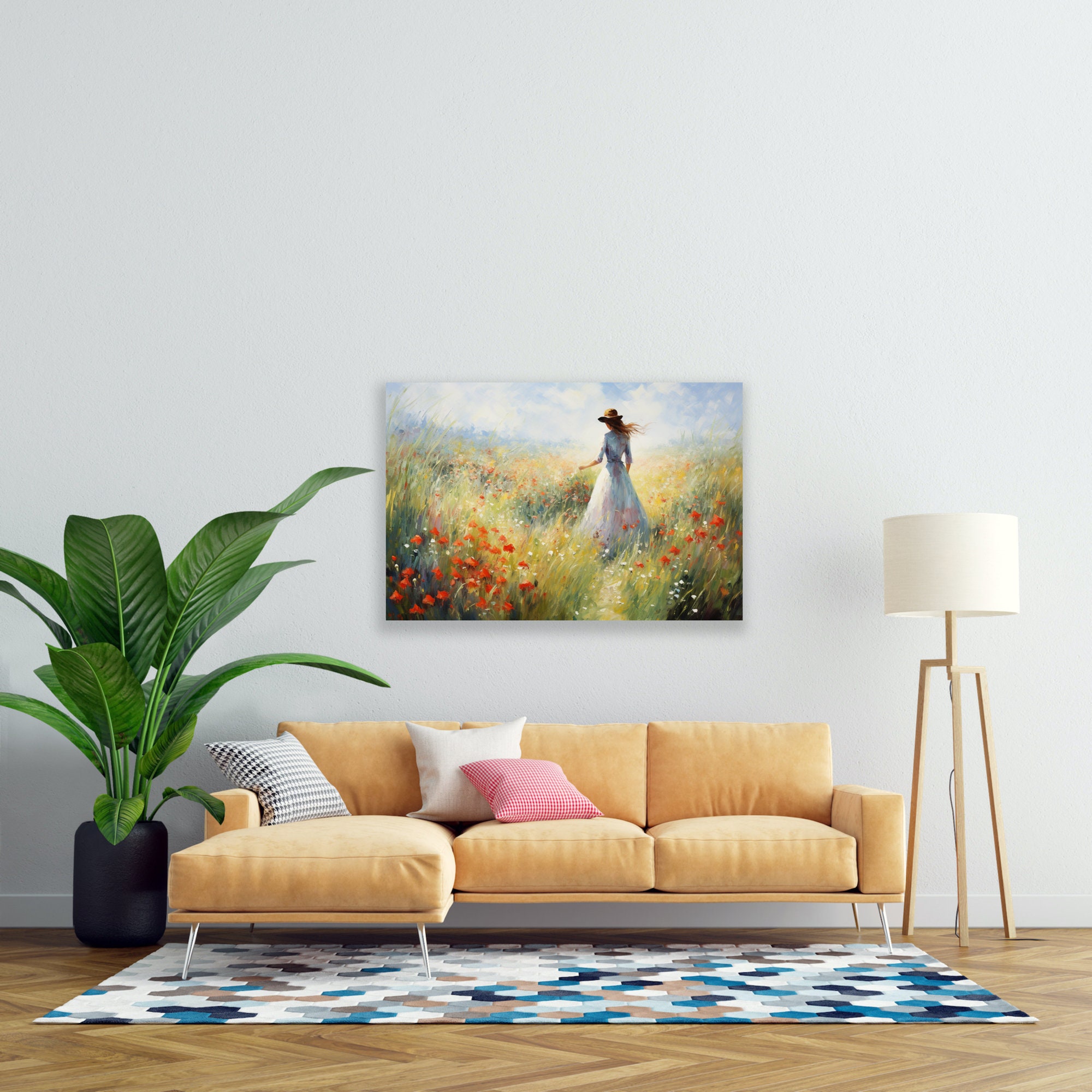 印象派の肖像画: モネにインスパイアされた花畑の中の穏やかな若い女性