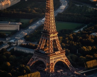 Golden Hour Above the Eiffel Tower: High Resolution Aerial Photograph