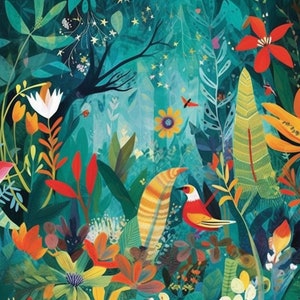 Vibrant Jungle: A Playful Nature-Inspired Canvas by Ieva Baklane | Nursery Wall Art | Green Fun Collage | Baby’s Room  | Birds