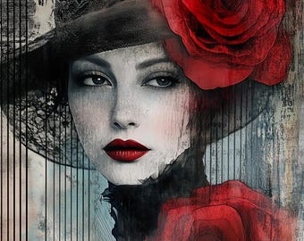 Jugendstil Frauenportraitbild: Rote Rosen Blumenkunst