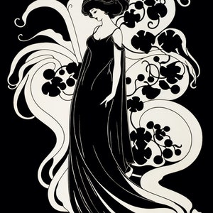 Black and White Modern Woman Wall Art: Aubrey Beardsley Style Canvas Print for Home Decor