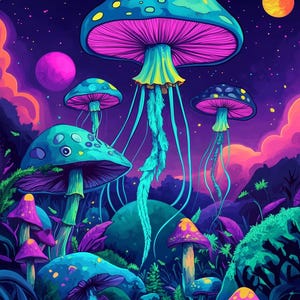 Cosmic Mushroom Wonderland Canvas Print Inspired by Surrealist Artists Colorful Wall Art for Home Decor and Nature Lovers
