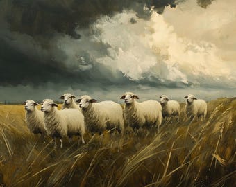 May include: A painting of a flock of white sheep standing in a field of tall, golden grass. The sheep are facing the viewer, and the sky behind them is a dramatic mix of dark gray clouds and bright white clouds.