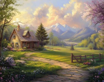 Thomas Kinkade Inspirierte Leinwanddruck: Blumen Landschaft