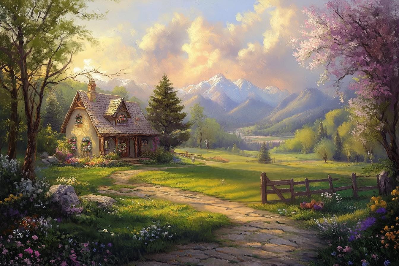 Thomas Kinkade Inspired Canvas Print: Floral Countryside Cottage Landscape  - Etsy, image size:1344x896