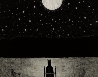 Mysterious Shadowy Figure Under a Enormous Full Moon - Inspired by Edward Gorey | Digital Wall Art | Download Print | Custom Canvas