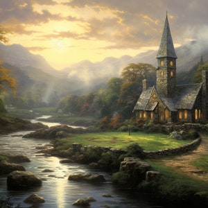 Impresión en lienzo de un castillo irlandés inspirado en Thomas Kinkade: elegancia atemporal en el arte / Arte mural digital / Descargar impresión