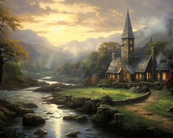 Thomas Kinkade Inspired Irish Castle Canvas Print: Timeless Elegance in Art | Digital Wall Art | Download Print