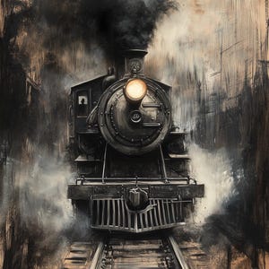 May include: A black steam locomotive train engine with a bright headlight, moving forward on a set of railway tracks. The train is emitting smoke and steam, creating a dramatic and atmospheric scene.