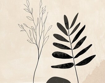 Abstrakt botanisk canvastavla inspirerad av minimalistiska konstnärer | Modern väggkonst för heminredning | Svarta och beige naturfärger